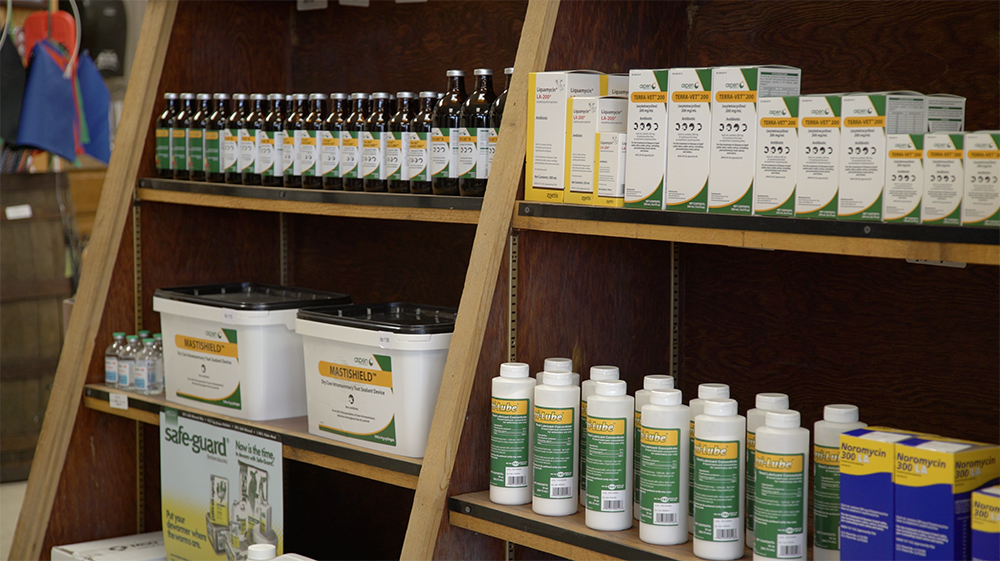 animal health products displayed on shelves