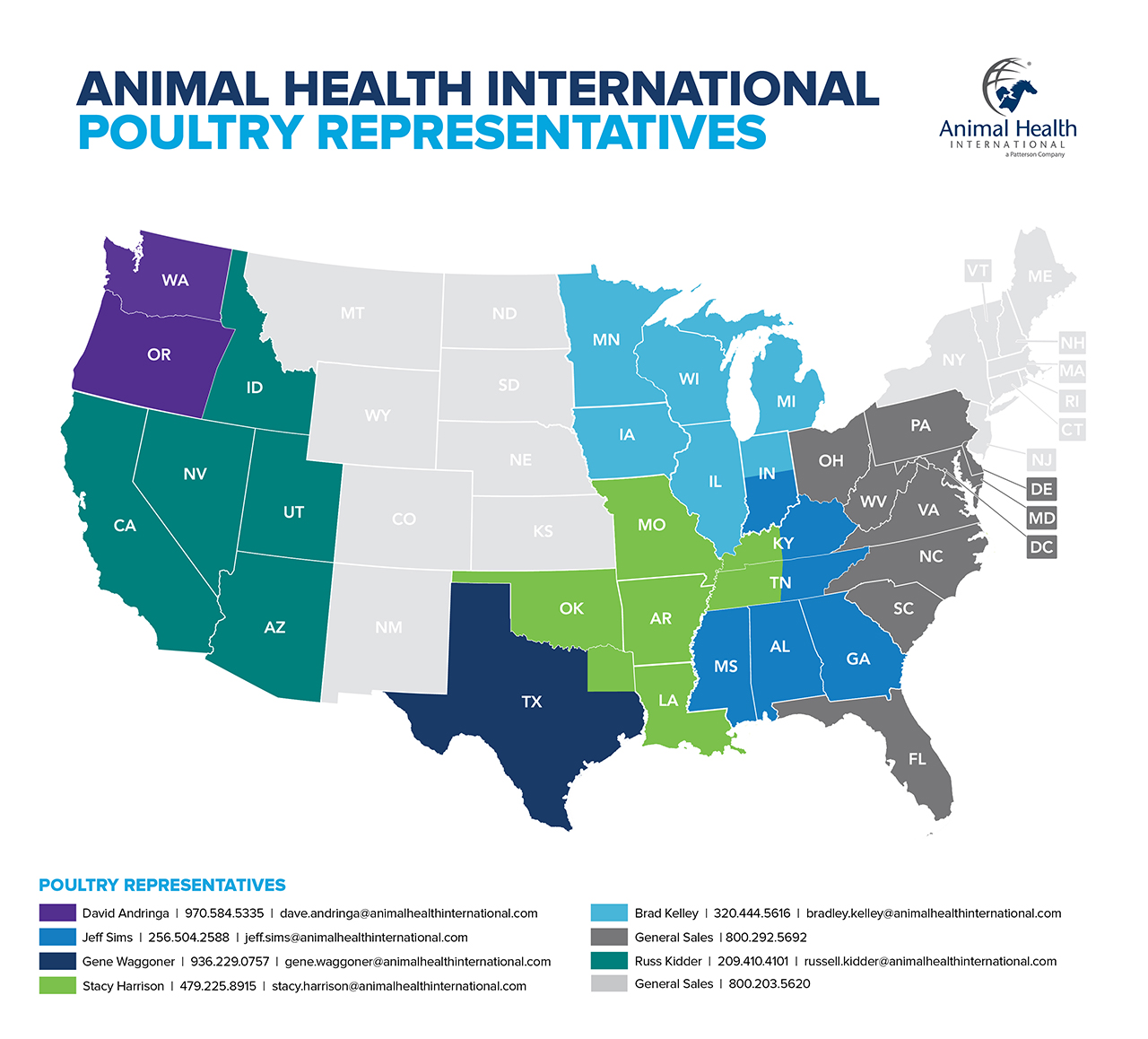 map showing Animal Health International poultry representatives