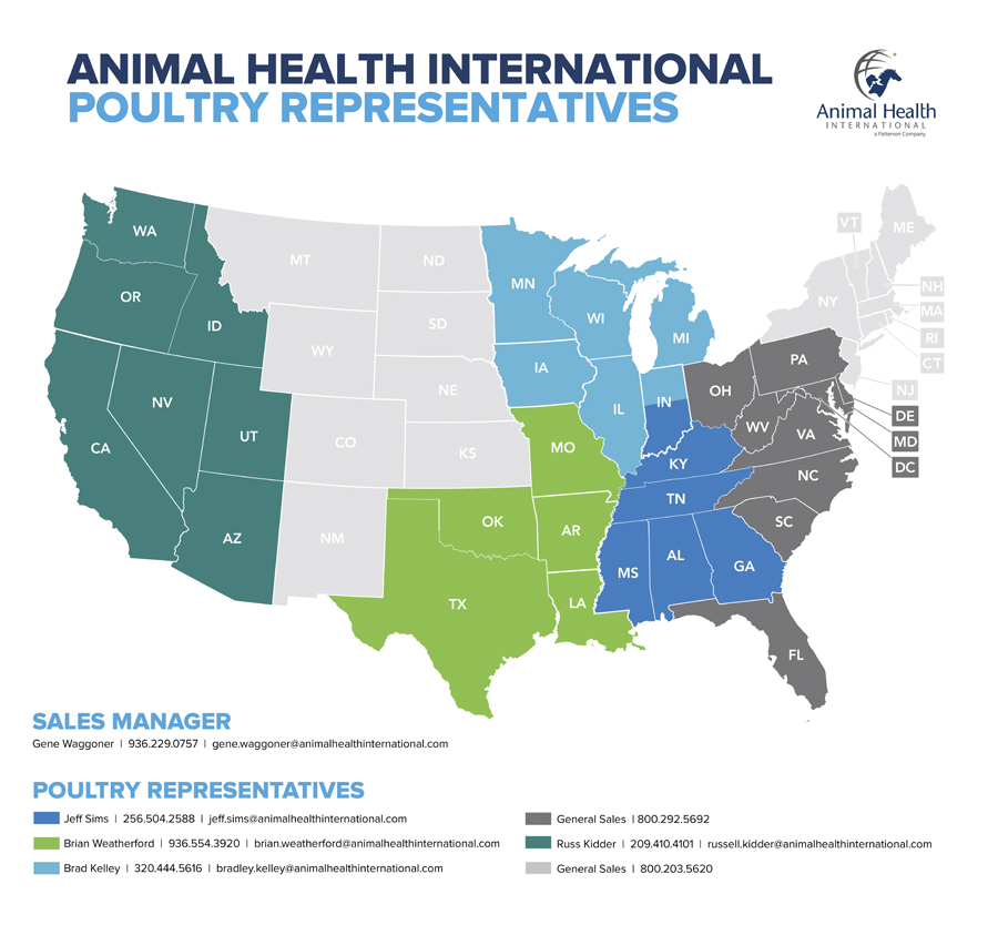 map showing Animal Health International poultry representatives