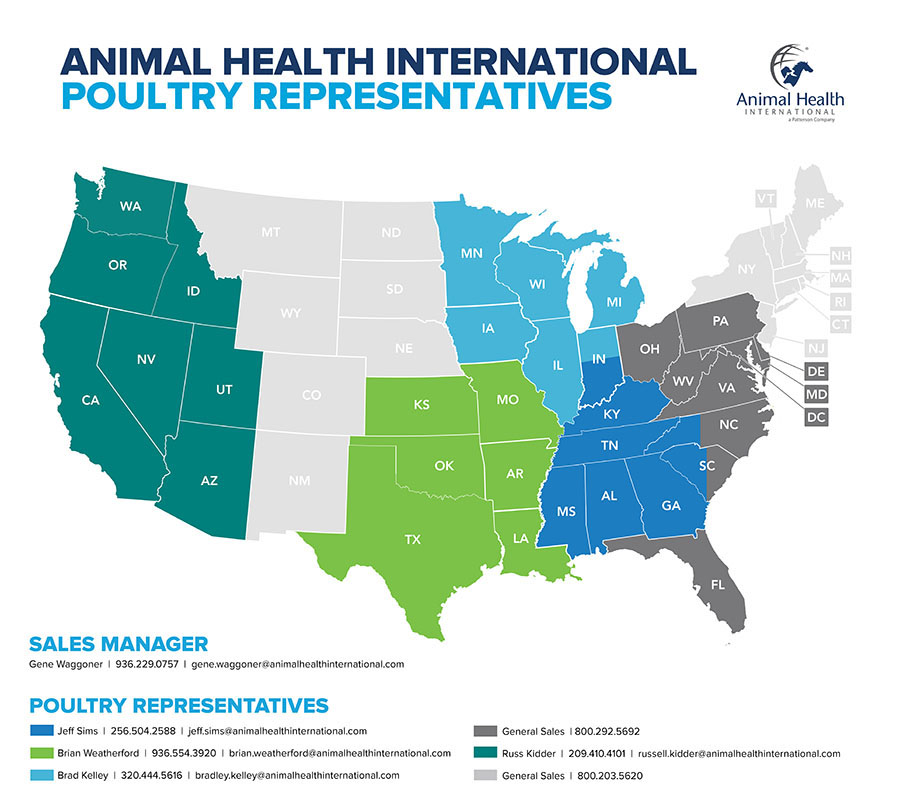 map showing Animal Health International poultry representatives